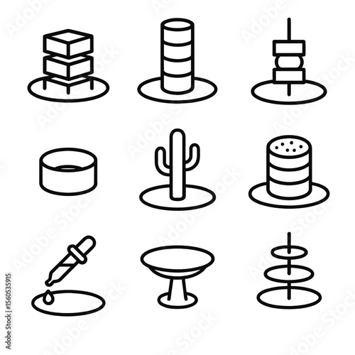 Vertical Height Plating Icons. Outline icon set of Vertical Height Plating: stacked components, tall food tower, skewered layers,