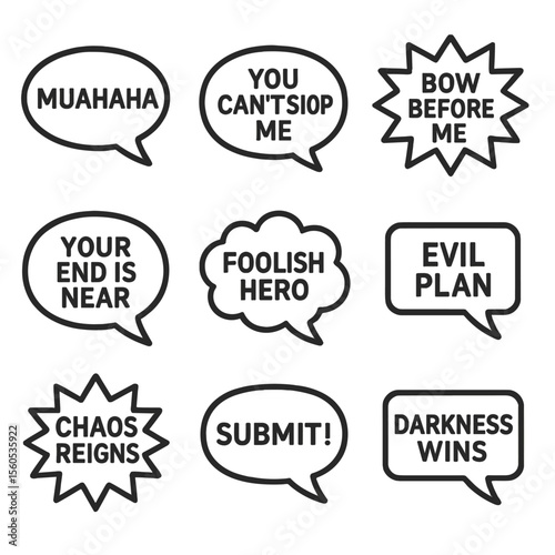 Villain Speech Bubbles. Outline icon set of Villain Speech Bubbles and Phrases: “Muahaha” bubble, “You can’t stop me” bubble, “Bow