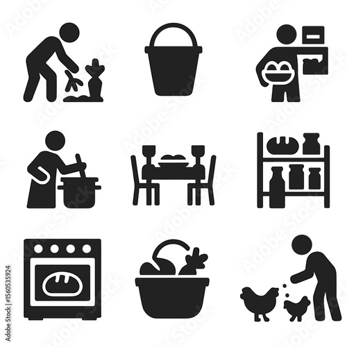 Farm-to-Table Icons. Solid, filled icon set of farm-to-table process: plucking vegetables, water bucket, carrying eggs, stirring