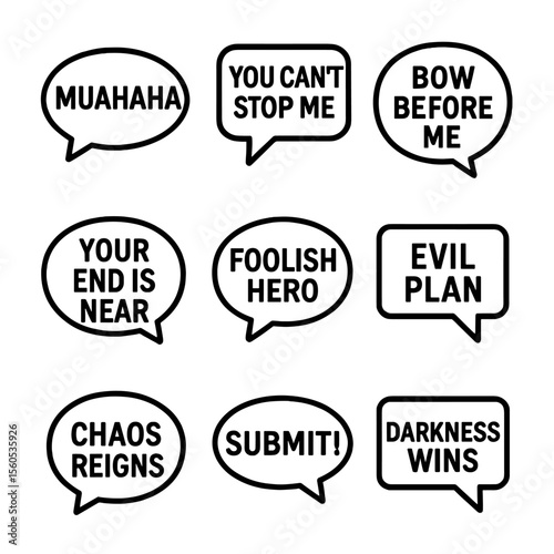 Villain Speech Bubbles. Outline icon set of Villain Speech Bubbles and Phrases: “Muahaha” bubble, “You can’t stop me” bubble, “Bow