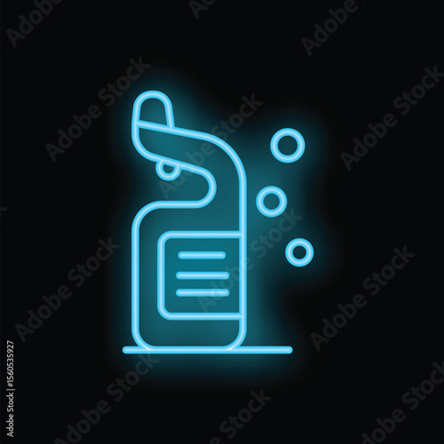 Bright blue neon icon of a spray bottle glowing on a dark background
