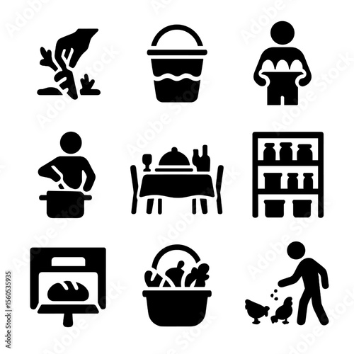 Farm-to-Table Icons. Solid, filled icon set of farm-to-table process: plucking vegetables, water bucket, carrying eggs, stirring