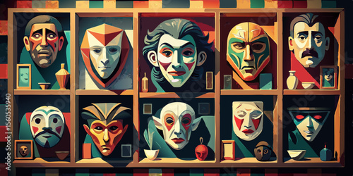 Wall with hanging emotional masks vector concept
