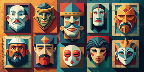 Wall with hanging emotional masks vector concept
