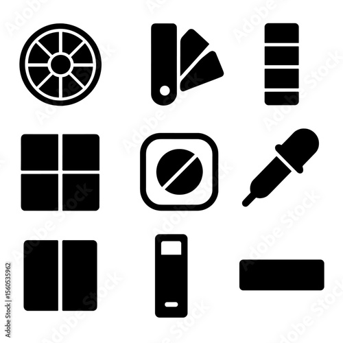 Fashion Color Icons. Solid, filled icon set of fashion color theory: color wheel, swatch book, tone strip, gradient palette, hue