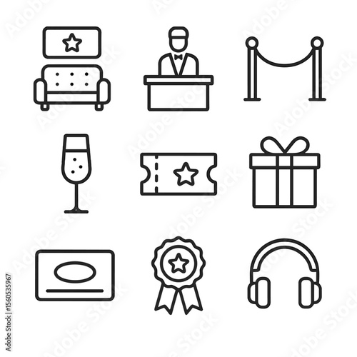 VIP Experience Icons. Outline icon set of VIP customer experiences: VIP lounge, concierge desk, velvet rope, champagne glass,
