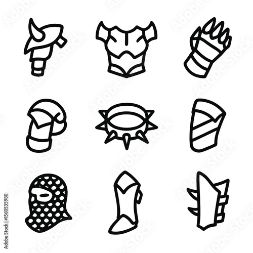 Villain Armor Icon Set. Outline icon set of Villain Armor and Protective Gear: shoulder pauldron, chest plate, gauntlet, knee