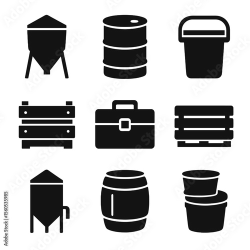 Farm Storage Icons Grid. Solid, filled icon set of farm storage and containers: feed bin, metal drum, sealed bucket, wooden crate,