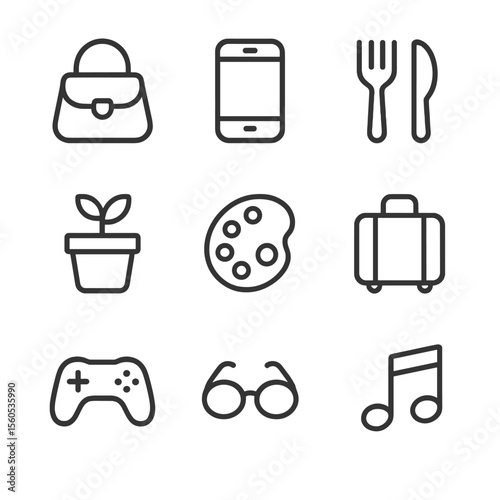 Recipient Personas Icons. Outline icon set of recipient personalities: fashionista handbag, tech gadget, foodie fork & knife,