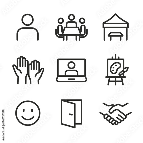 Rebuilding Connections Icons. Outline icon set of Rebuilding connections: new person silhouette, group meeting table, community