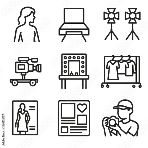 Fashion Shoot Icons. Outline icon set of fashion shoot production: model silhouette, runway stage, studio lights, camera dolly,