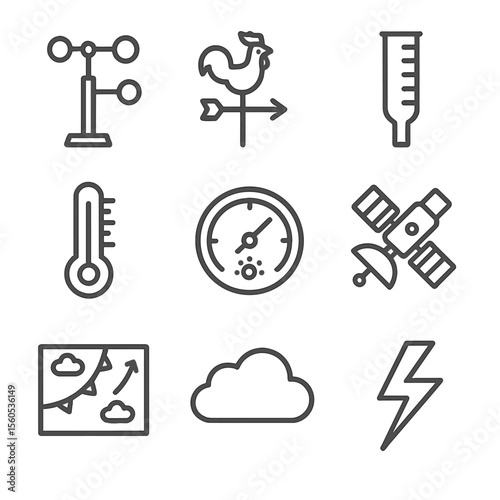 Weather Icon Set. Outline icon set of weather monitoring and forecasting: weather station, wind vane, rain gauge, thermometer,