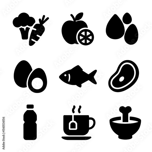 Fasting Diet Icons. Solid, filled icon set of fasting diet foods: vegetables, fruits, nuts, eggs, fish, lean meat, water, herbal