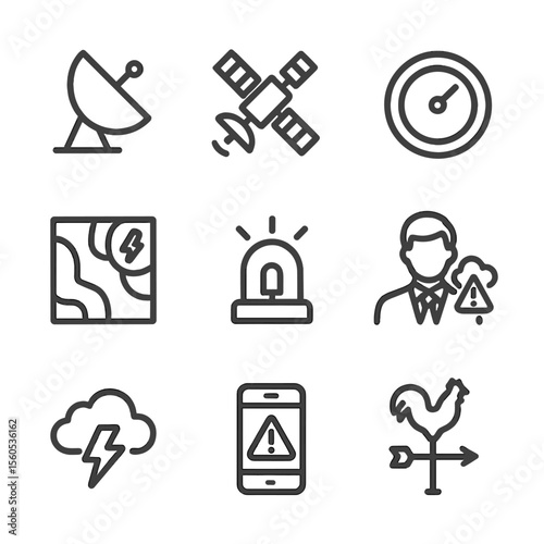 Weather Forecast Icons. Outline icon set of storm warning and forecasting: radar dish, weather satellite, barometer dial, storm