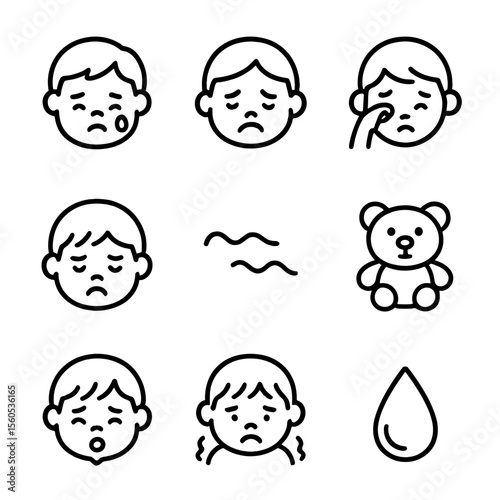 Weeping Child Icons. Outline icon set of weeping children: small tear drop, chubby cheeks, pouty lips, small hand wiping eye,