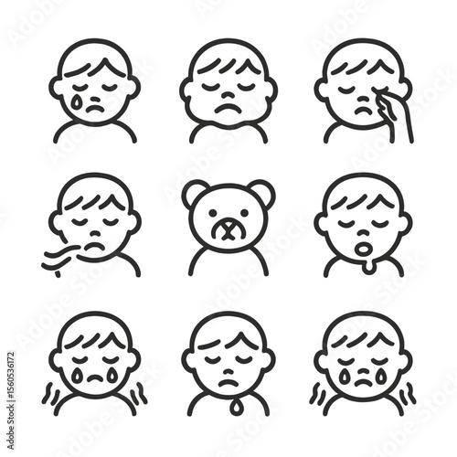 Weeping Child Icons. Outline icon set of weeping children: small tear drop, chubby cheeks, pouty lips, small hand wiping eye,