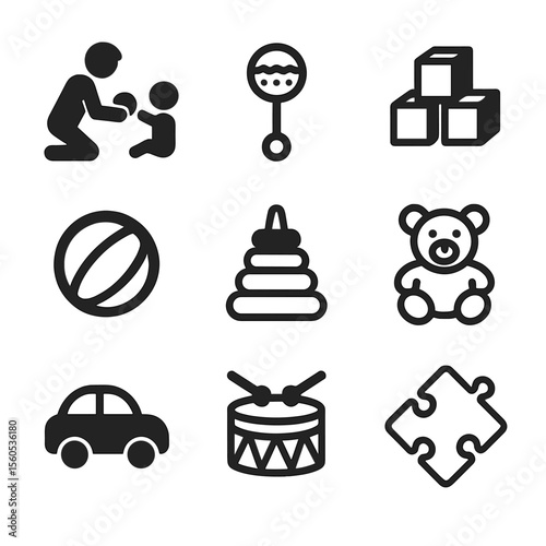 Father-Child Toy Icons. Solid, filled icon set of father playing with baby toys: baby rattle, building blocks, soft ball, stacking