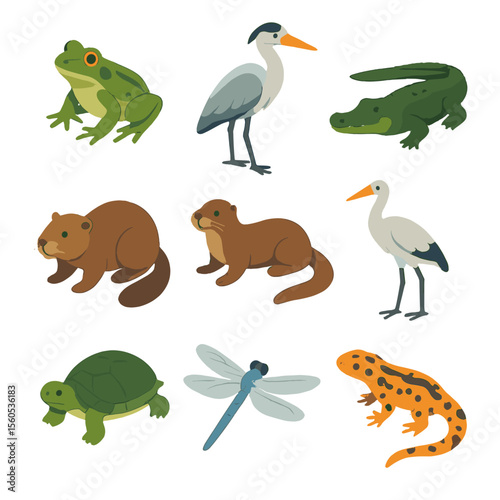 Wetland Fauna Icons. Isometric Flat icon set of wetland fauna: frog, heron, alligator, beaver, otter, crane, turtle, dragonfly,