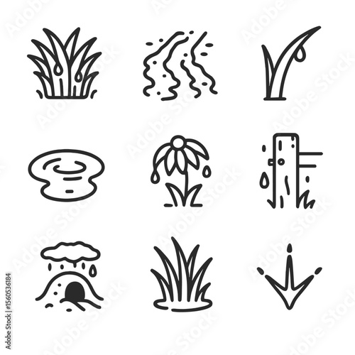 Wetland Icon Set. Outline icon set of wet prairie and grasslands: saturated grass tuft, muddy buffalo trail, dew-laden blade,