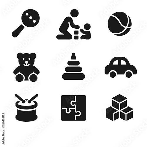 Father-Child Toy Icons. Solid, filled icon set of father playing with baby toys: baby rattle, building blocks, soft ball, stacking
