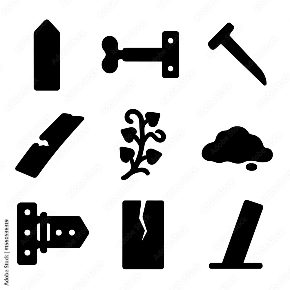 Fototapeta premium Fence Icon Set. Solid, filled icon set of fence elements: fence post, gate latch, rusted nail, broken plank, overgrown vine, moss