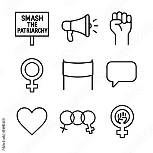 Feminist Icon Set. Outline icon set of feminist slogans and signs: placard reading “Smash the Patriarchy”, megaphone, raised fist,