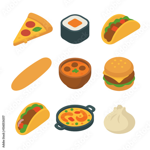 World Cuisines Icons. Isometric Flat icon set of iconic world cuisines: Italian pizza slice, Japanese sushi roll, Mexican taco,