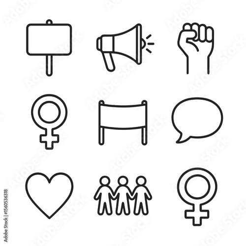 Feminist Icon Set. Outline icon set of feminist slogans and signs: placard reading “Smash the Patriarchy”, megaphone, raised fist,