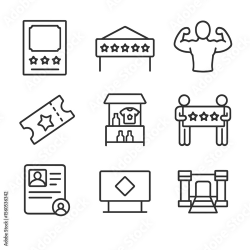 Wrestling Icon Collection. Outline icon set of wrestling promotion and branding: event poster, arena marquee, wrestler silhouette