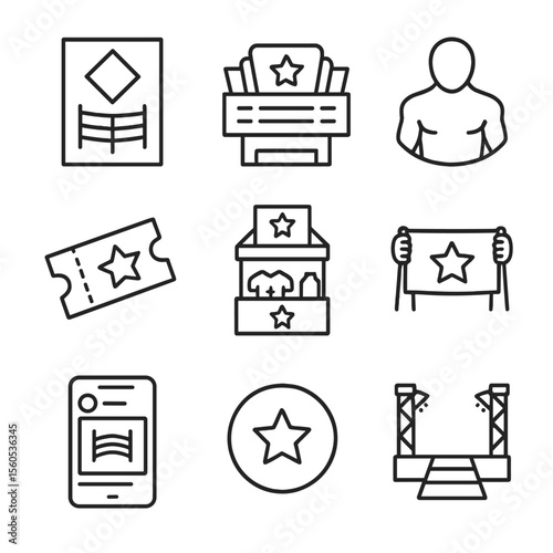 Wrestling Icon Collection. Outline icon set of wrestling promotion and branding: event poster, arena marquee, wrestler silhouette