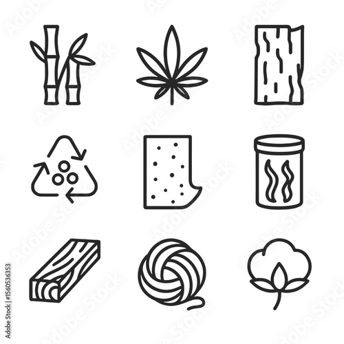 Renewable Material Icons. Outline icon set of renewable material sources: bamboo stalk, hemp leaf, cork bark, recycled plastic