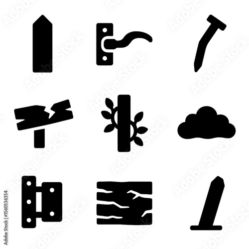 Fence Icon Set. Solid, filled icon set of fence elements: fence post, gate latch, rusted nail, broken plank, overgrown vine, moss