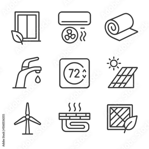 Renewable Building Icons. Outline icon set of renewable building technologies: passive house window, energy-efficient HVAC,