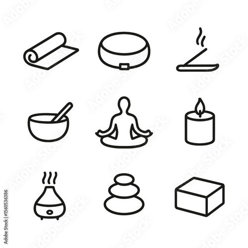 Yoga Icon Collection. Outline icon set of Yoga and Meditation by Fireplace: yoga mat, meditation cushion, incense stick, singing