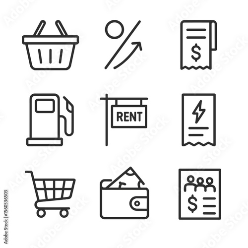 Rising Costs Icon Set. Outline icon set of rising consumer prices: shopping basket, percentage arrow up, grocery receipt, gas pump
