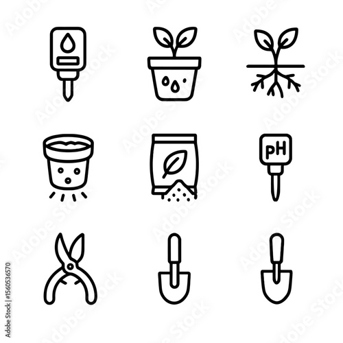 Root Care Icon Set. Outline icon set of healthy root care: moisture meter, well-drained pot, mycorrhizal fungi, organic mulch,