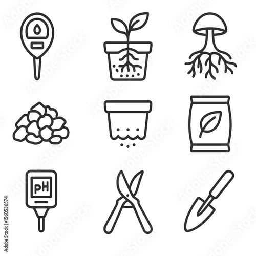 Root Care Icon Set. Outline icon set of healthy root care: moisture meter, well-drained pot, mycorrhizal fungi, organic mulch,