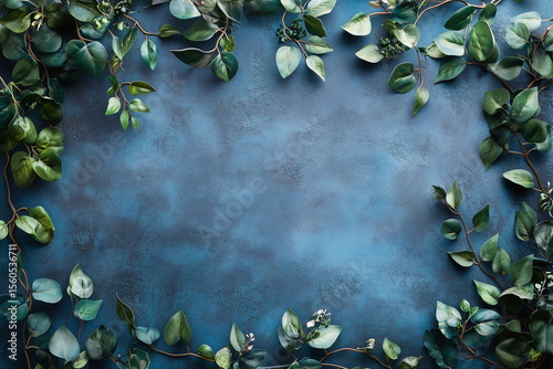 Elegant arrangement of green leaves on a textured blue surface for creative composition