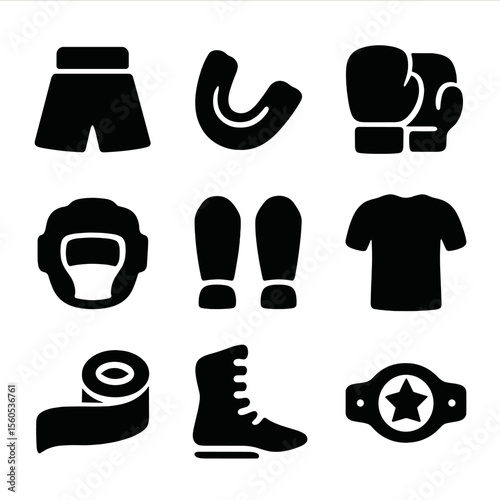 Fight Gear Icons. Solid, filled icon set of fight gear and apparel: boxing shorts, mouthguard, gloves, headgear, shin guards, rash