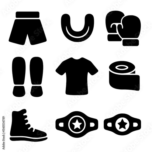 Fight Gear Icons. Solid, filled icon set of fight gear and apparel: boxing shorts, mouthguard, gloves, headgear, shin guards, rash