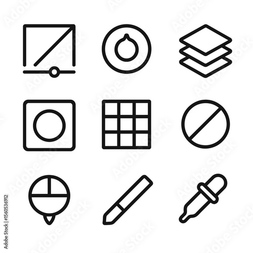 Photo Filter Icons. Outline icon set of gradient overlay filters: photo filter slider, adjustment knob, layer stack, mask outline,