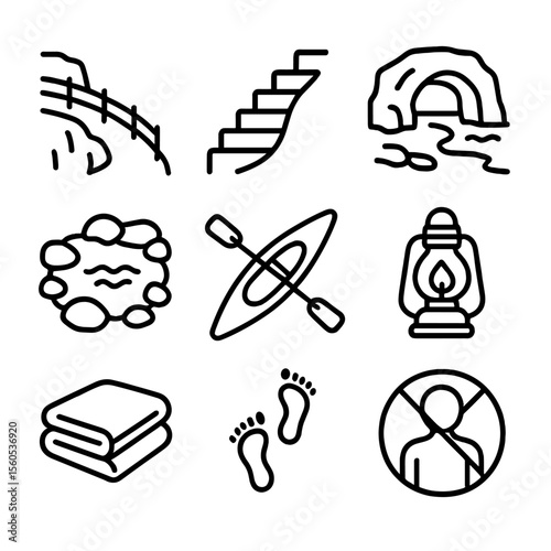 Secret Cove Icons. Outline icon set of secret cliffside cove: cliff path railing, stone steps, secluded beach arch, tide pool, sea