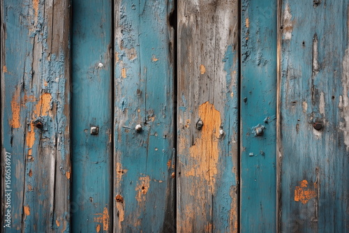 Weathered wooden wall with peeling blue paint and rusty nails reveals layers of time and history in an outdoor setting