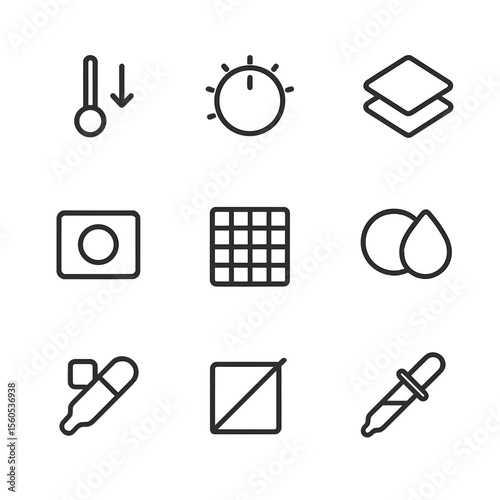 Photo Filter Icons. Outline icon set of gradient overlay filters: photo filter slider, adjustment knob, layer stack, mask outline,