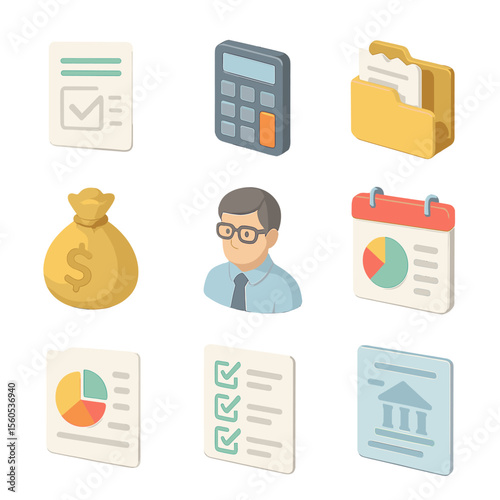 Finance Icon Set. Isometric Flat icon set of tax and financial management: tax form, calculator, receipt folder, accountant avatar