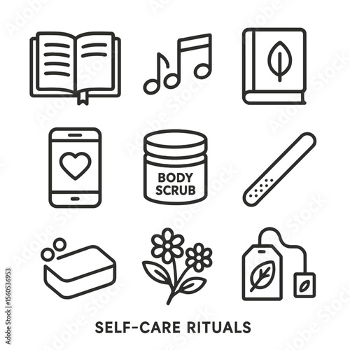 Self-Care Icon Set. Outline icon set of self-care rituals: journal open, soft music notes, calming book, wellness app phone, body