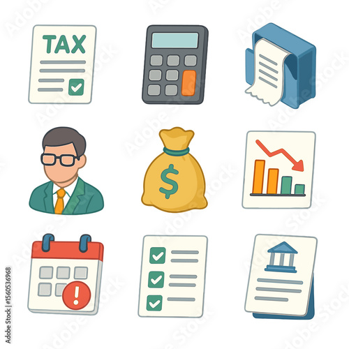 Finance Icon Set. Isometric Flat icon set of tax and financial management: tax form, calculator, receipt folder, accountant avatar