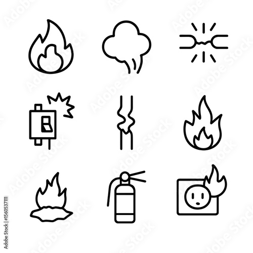 Fire Hazard Icons. Outline icon set of Fire and Short Circuit Hazards: flame icon, smoke cloud, short circuit arc, overloaded