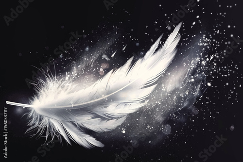 Beautiful white feather floating in air isolated on black background.