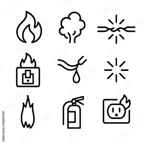 Fire Hazard Icons. Outline icon set of Fire and Short Circuit Hazards: flame icon, smoke cloud, short circuit arc, overloaded